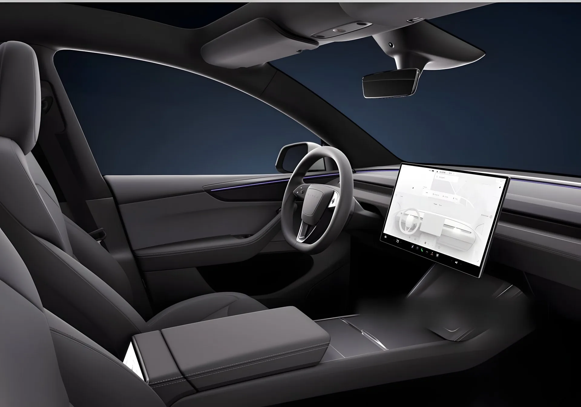 Intérieur de la Tesla Model Y Premium : volant, écran central et éclairage d'ambiance